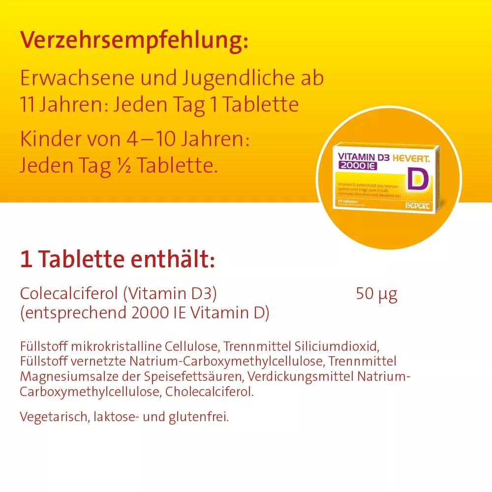 Vitamin D3 Hevert 2000 IE für Immunabwehr, Knochen & Vitalität 60